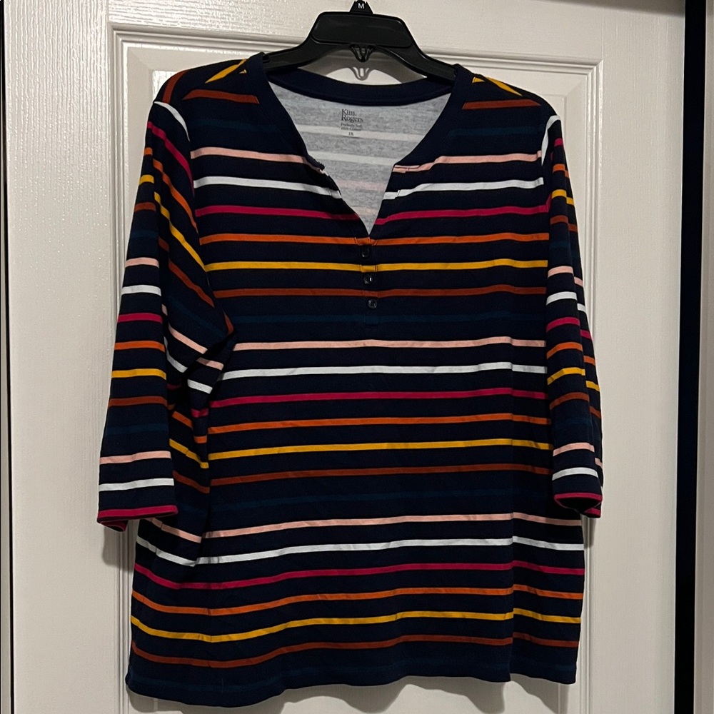 Kim Rogers Navy Striped Henley Top with Pink, Mustard & White